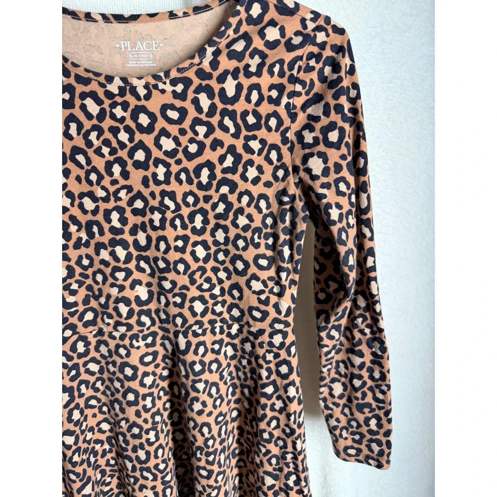 The Childrens Place Girls Brown Leopard Print Long Sleeve Dress SZ L 10/12
